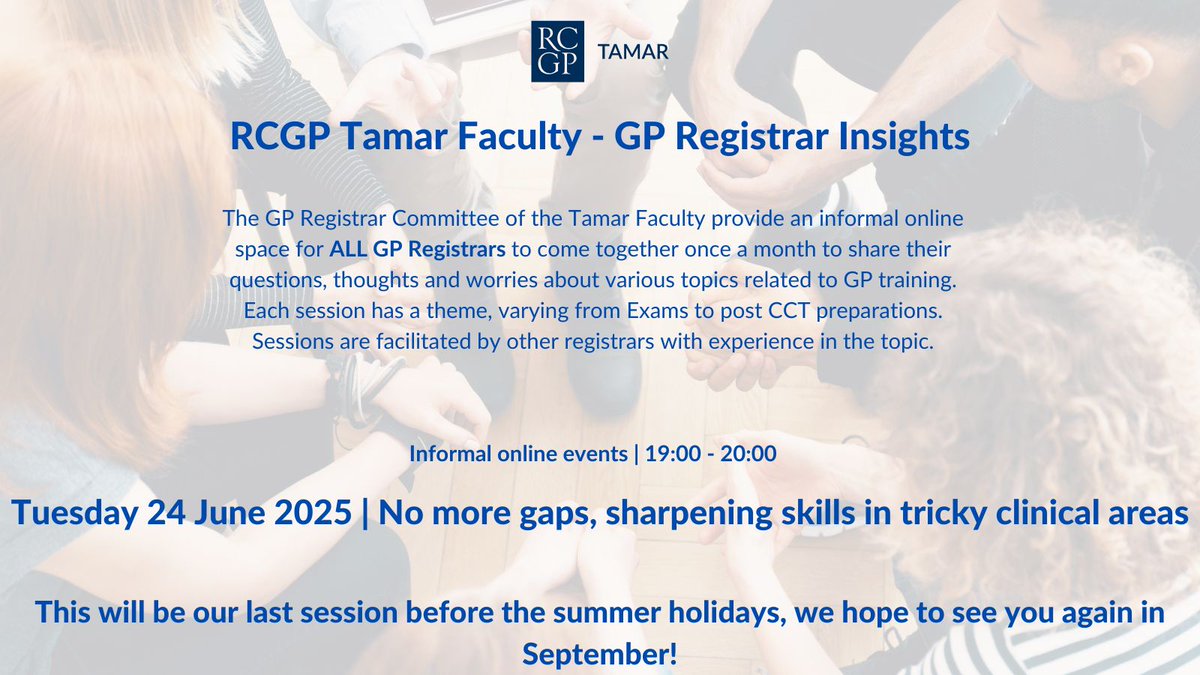 RCGP Tamar Faculty (@tamarfaculty) on Twitter photo Come along to our last GP Reg insights session before the summer holidays! tinyurl.com/45wkb7vz <a href="/MedicMolly22/">Molly</a> <a href="/DeepthiLavu/">Deepthi Lavu</a> <a href="/rcgp/">Royal College of General Practitioners</a> <a href="/RcgpFaculties/">RCGP Faculties</a> Come along to our last GP Reg insights session before the summer holidays! tinyurl.com/45wkb7vz <a href="/MedicMolly22/">Molly</a> <a href="/DeepthiLavu/">Deepthi Lavu</a> <a href="/rcgp/">Royal College of General Practitioners</a> <a href="/RcgpFaculties/">RCGP Faculties</a>