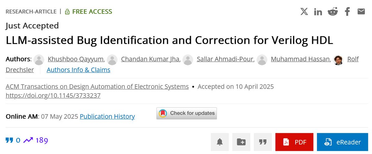 Our paper in ACM Transactions on Design Automation of Electronic Systems (#TODAES) on "LLM-assisted Bug Identification and Correction for Verilog HDL" is available #online as #openaccess dl.acm.org/doi/10.1145/37… <a href="/agra_uni_bremen/">AGRA Uni Bremen</a> <a href="/DSC_unibremen/">Data Science Center (@dsc_bremen@wisskomm.social)</a> #LLMs #debugging