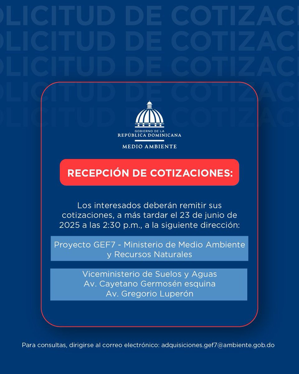Ministerio de Medio Ambiente RD (@ambienterd) on Twitter photo 🚨 ¡Solicitud de cotización abierta!
Proyecto GEF7 invita a proveedores a cotizar: Reactivos para análisis de calidad de agua
🗓️ Límite: 23 junio – 2:30 p.m
📍 Av. Cayetano Germosén esq. Gregorio Luperón
Requisitos 👉 lnkd.in/ec7YyvG8
adquisiciones.gef7@ambiente.gob.do 🚨 ¡Solicitud de cotización abierta!
Proyecto GEF7 invita a proveedores a cotizar: Reactivos para análisis de calidad de agua
🗓️ Límite: 23 junio – 2:30 p.m
📍 Av. Cayetano Germosén esq. Gregorio Luperón
Requisitos 👉 lnkd.in/ec7YyvG8
adquisiciones.gef7@ambiente.gob.do
