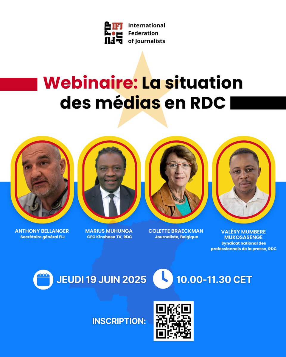 )
🎙️ Demain Le 19 juin à 10h CET, je participe à un webinaire FIJ sur les #médias en #RDC face au conflit à l’Est.
Avec Colette Braeckman, Anthony Bellanger et Valéry Mumbere.
Inscrivez-vous sur ce lien : us02web.zoom.us/meeting/regist…