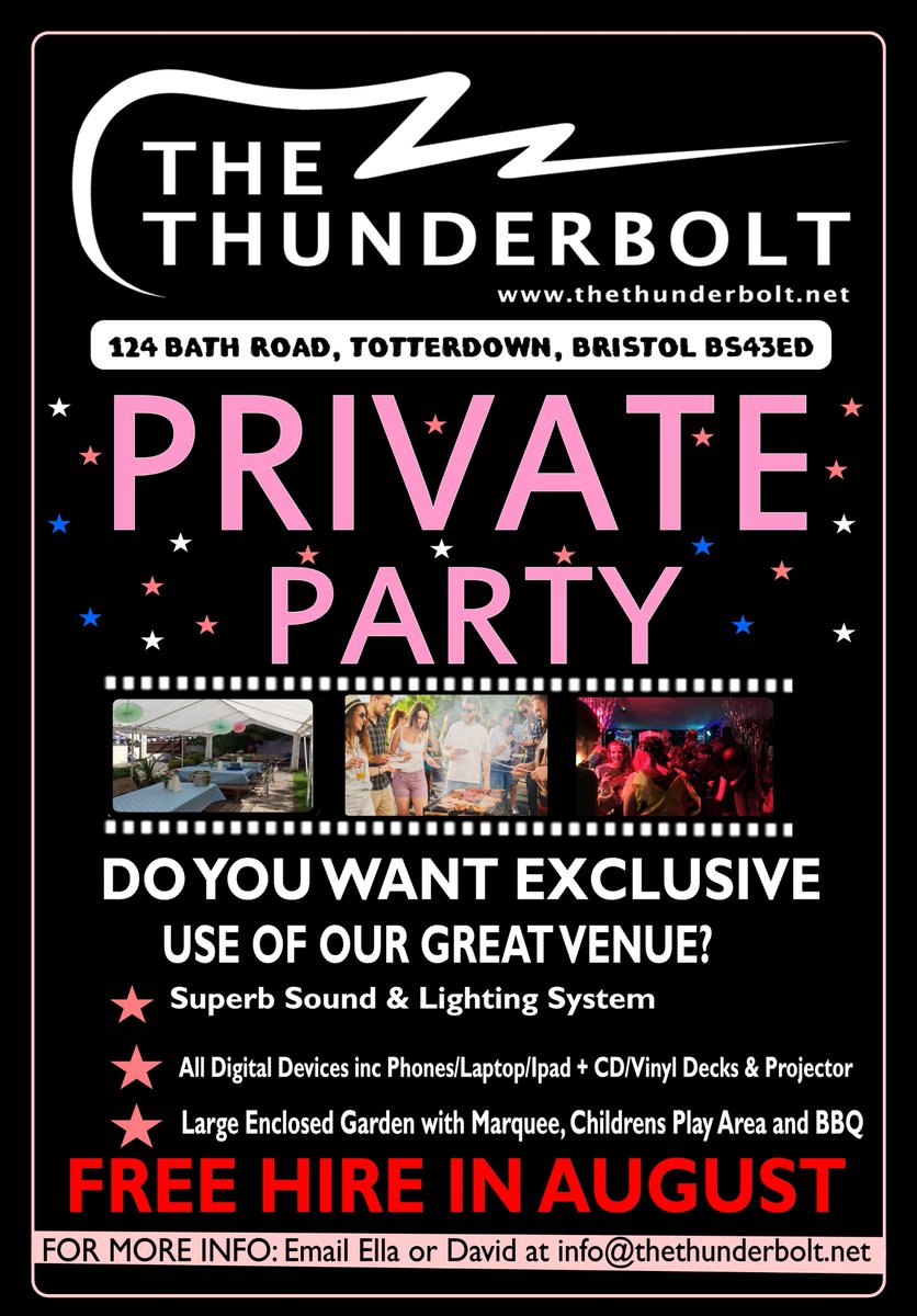 Bristol Thunderbolt (@thunderbolt_pub) on Twitter photo 📷FREE HIRE IN AUGUST AT THE THUNDERBOLT📷
We'd like to offer a summer exclusive deal on a first come first serve basis. our venue will be free to hire on Fridays and Saturdays in JULY/AUG rom 6pm to 1:30 am 📷Contact David/Ella at info@thethunderbolt.net for booking enquiries. 📷FREE HIRE IN AUGUST AT THE THUNDERBOLT📷
We'd like to offer a summer exclusive deal on a first come first serve basis. our venue will be free to hire on Fridays and Saturdays in JULY/AUG rom 6pm to 1:30 am 📷Contact David/Ella at info@thethunderbolt.net for booking enquiries.
