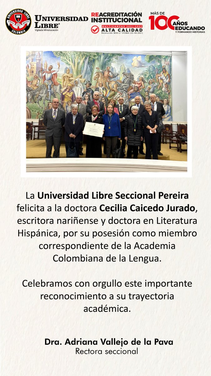 Universidad Libre (@ulibre_pereira) on Twitter photo 🎉 Felicitamos a la Dra. Cecilia Caicedo Jurado por su posesión como miembro correspondiente de la <a href="/ACLengua/">Academia Colombiana de la Lengua</a> . Un orgullo para la #UnilibrePereira y la academia colombiana. 📚🇨🇴 #OrgulloUnilibrista #AcademiaColombianaDeLaLengua 🎉 Felicitamos a la Dra. Cecilia Caicedo Jurado por su posesión como miembro correspondiente de la <a href="/ACLengua/">Academia Colombiana de la Lengua</a> . Un orgullo para la #UnilibrePereira y la academia colombiana. 📚🇨🇴 #OrgulloUnilibrista #AcademiaColombianaDeLaLengua