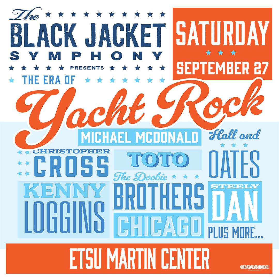 ETSU Martin Center for the Arts (@etsumartinctr) on Twitter photo 🛥️🎸JUST ANNOUNCED: <a href="/blackjacket/">BlackJacket Symphony</a> returns Sept. 27 with The Era of Yacht Rock! Hear hits from Kenny Loggins, Hall & Oates, Steely Dan & more 🎶
Tickets go on sale to the public on Fri., June 27, at 10 am.
🤝 Want early access to tix? Become a Friend: bit.ly/mcafriends 🛥️🎸JUST ANNOUNCED: <a href="/blackjacket/">BlackJacket Symphony</a> returns Sept. 27 with The Era of Yacht Rock! Hear hits from Kenny Loggins, Hall & Oates, Steely Dan & more 🎶
Tickets go on sale to the public on Fri., June 27, at 10 am.
🤝 Want early access to tix? Become a Friend: bit.ly/mcafriends