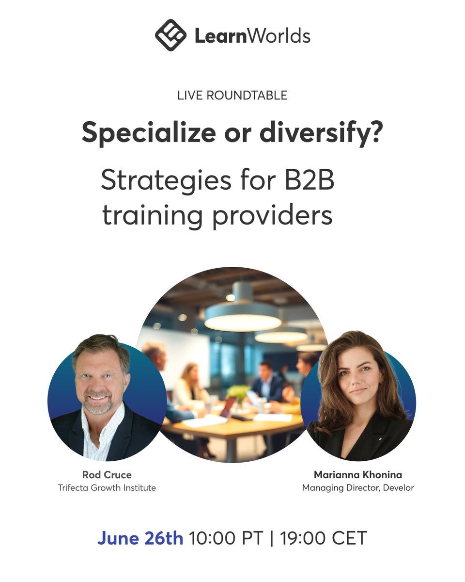 Want to get ahead of bigger training providers by 2025? Don't miss our free live roundtable on June 26 💻.

Discover winning strategies in the B2B training market and get your questions answered by industry leaders 🚀.

Limited spots 🎟 . Reserve yours now: