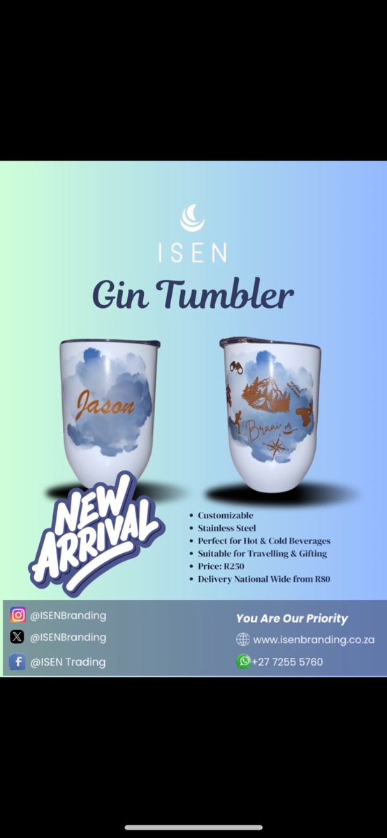 IsenBranding's tweet photo. Sip in Style with Our New Custom Gin Tumblers! 🥂
Personalize it your way – whether it’s for braais, road trips, or gifting someone special. #branding #customizedproducts #crafts #tumblr #tumbler #southafrica #mzansi #isenbranding https://t.co/F3PKTT9JnW