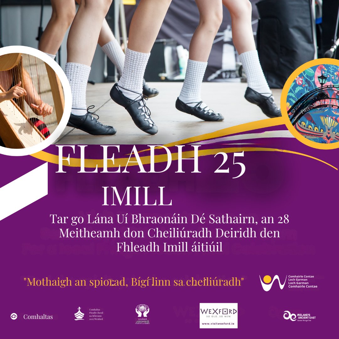 Beidh an t-imeacht deireanach den Fhleadh Imill ón taobh seo de Loch Garman á chur i láthair i Ros Mhic Thriúin Dé Sathairn, an 28 Meitheamh ar Lána Uí Bhraonáin. Is iontach an cúlra an suíomh lárnach seo do na poirt agus d’atmaisféar na Fleidhe a líonfaidh an baile arís, de réir