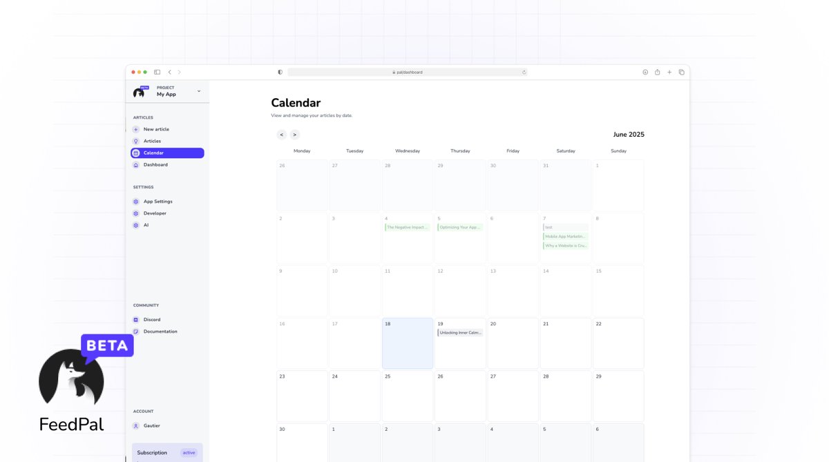 Imagine you can schedule 1 article every day for a month
-&gt; rank like crazy on Google
-&gt; get more downloads for your apps

FeedPal publication calendar is ready 👌
Lots of cool things are coming