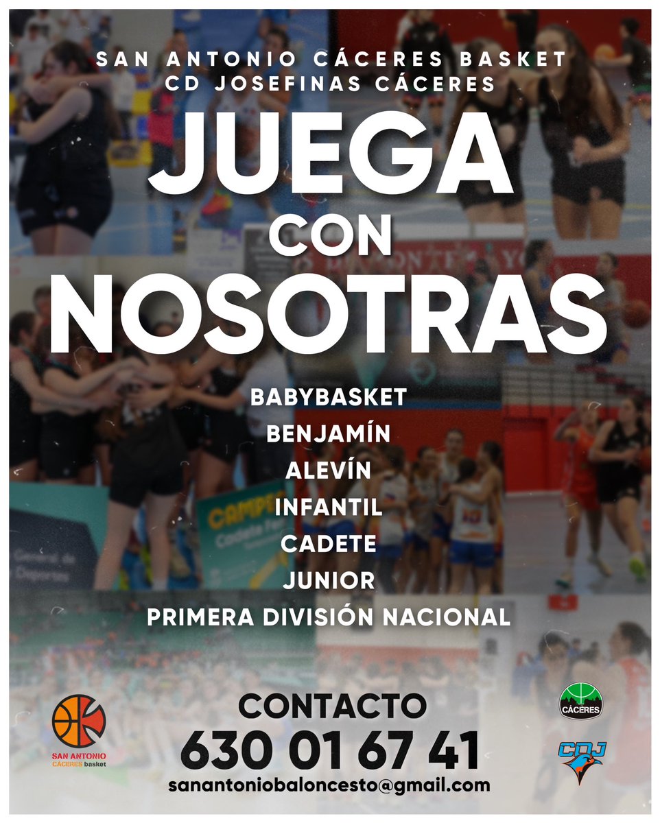 San Antonio Cáceres Basket (@sanantoniocc) on Twitter photo Si estás interesada en unirte a nuestros equipos de cantera femeninos contáctanos ❗️
Somos las actuales CAMPEONAS de Extremadura infantil y cadete, SUBCAMPEONAS alevín y SEMIFINALISTAS junior 🤩
<a href="/Caceres_Basket/">CacerEsBasket</a>
<a href="/cdjosefinascc/">@cdjosefinascc</a>
<a href="/DiputacionCC/">DiputacionCC</a>
<a href="/jovendeportEXT/">Jóvenes y Deportes Extremadura</a>
<a href="/Ayto_Caceres/">Ayuntamiento Cáceres</a> Si estás interesada en unirte a nuestros equipos de cantera femeninos contáctanos ❗️
Somos las actuales CAMPEONAS de Extremadura infantil y cadete, SUBCAMPEONAS alevín y SEMIFINALISTAS junior 🤩
<a href="/Caceres_Basket/">CacerEsBasket</a>
<a href="/cdjosefinascc/">@cdjosefinascc</a>
<a href="/DiputacionCC/">DiputacionCC</a>
<a href="/jovendeportEXT/">Jóvenes y Deportes Extremadura</a>
<a href="/Ayto_Caceres/">Ayuntamiento Cáceres</a>