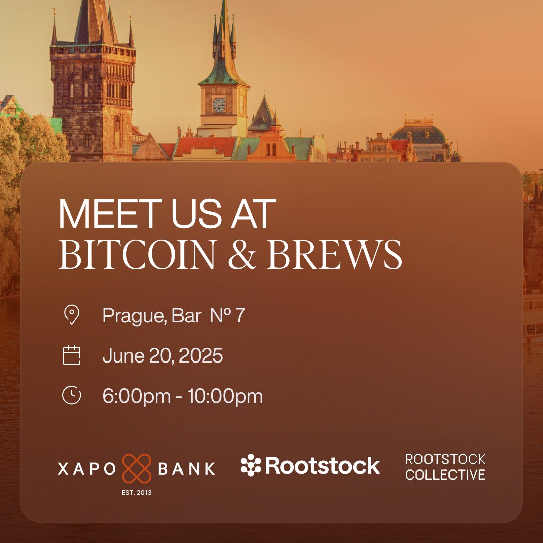Xapo Bank (@xapobankapp) on Twitter photo Calling all Bitcoin builders, thinkers, and signal seekers π
Weβre teaming up with @Rootstock_io / <a href="/RootstockLabs/">RootstockLabs</a> to host Bitcoin & Brews at BTC Prague β powered by Xapo Bank.
An evening of connections, collaboration & conversation π»
π Bar No7
ποΈ Fri June 20, 6PM
RSVP β Calling all Bitcoin builders, thinkers, and signal seekers π
Weβre teaming up with @Rootstock_io / <a href="/RootstockLabs/">RootstockLabs</a> to host Bitcoin & Brews at BTC Prague β powered by Xapo Bank.
An evening of connections, collaboration & conversation π»
π Bar No7
ποΈ Fri June 20, 6PM
RSVP β
