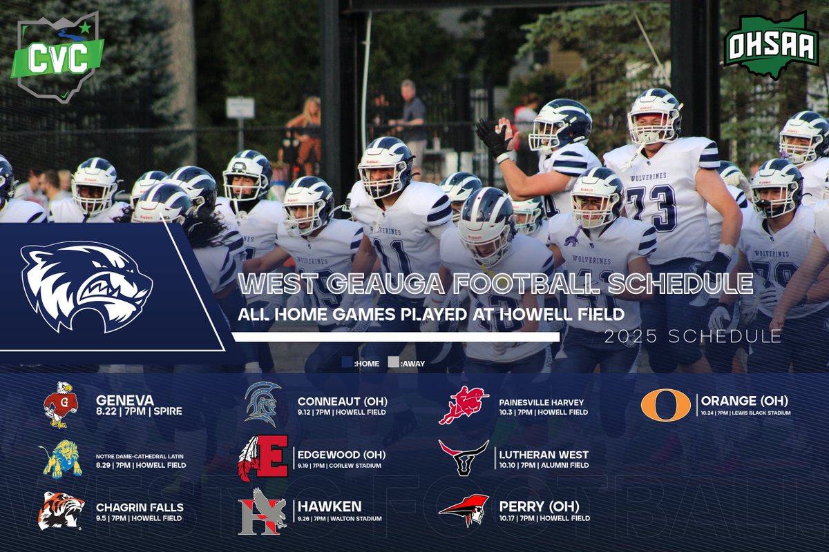 6️⃣5️⃣ Days until we kick off at Geneva 

Homecoming: 9.12 vs. Conneaut 
Football/Cheer Senior Night: 10.3 vs. Harvey
Band/Wolverette Senior Night: 10.17 vs. Perry

Full Schedule ⤵️