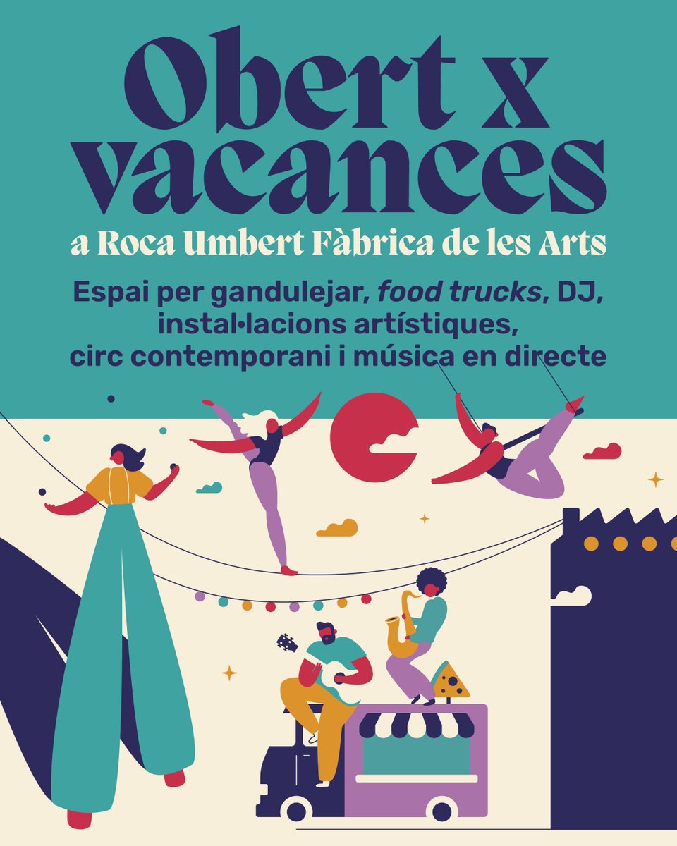 ☀️ Els dimecres i dijous de juliol, Roca Umbert es converteix de nou en l’escenari on gaudir de les tardes i vespres d’estiu de 18 a 23 h!

Foodtrucks, DJs, espai per gandulejar, instal·lacions artístiques, circ contemporani i concerts

ℹ️ i entrades a bit.ly/OxVRU