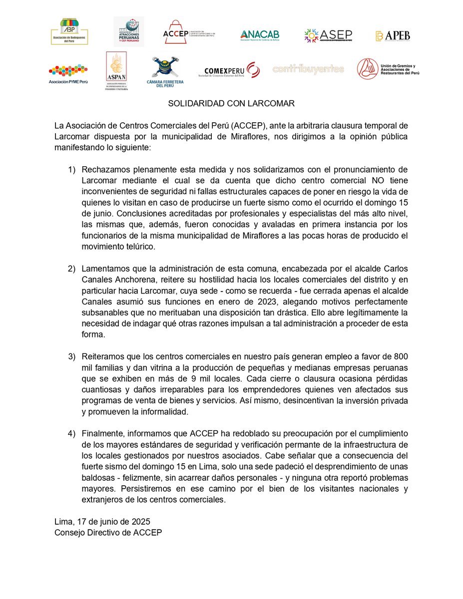 🚨#Comunicado | ¡No a las clausuras arbitrarias! 🔻
Desde #ComexPerú, expresamos nuestro rechazo a la clausura impuesta por la Municipalidad de Miraflores al centro comercial Larcomar, pese a informes técnicos que descartan riesgos estructurales. Estas acciones desincentivan la