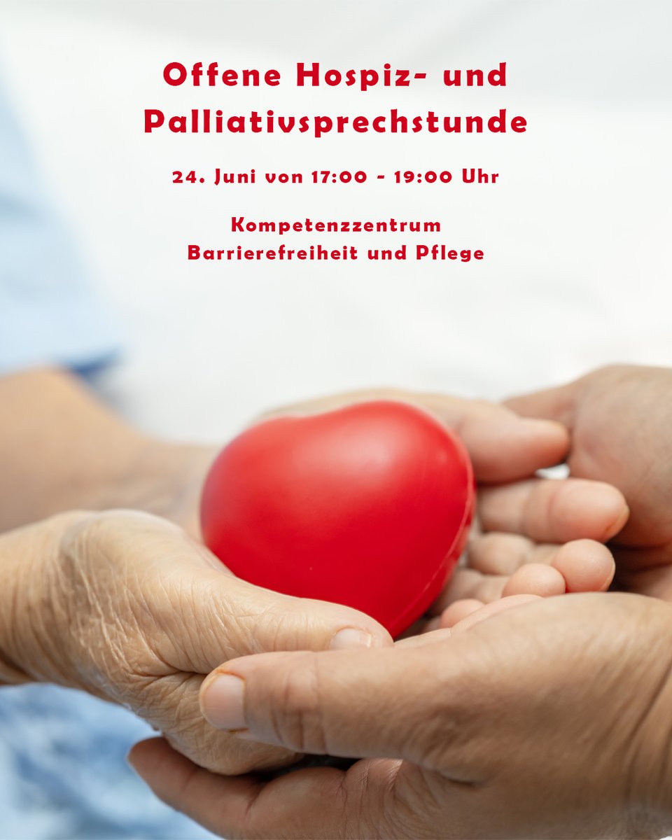 Am 24. Juni können Sie sich von 17:00 bis 19:00 Uhr bei der offenen Hospiz- und Palliativsprechstunde im Kompetenzzentrum Barrierefreiheit und Pflege unverbindlich rund um das Thema informieren. Eine Anmeldung ist nicht erforderlich.