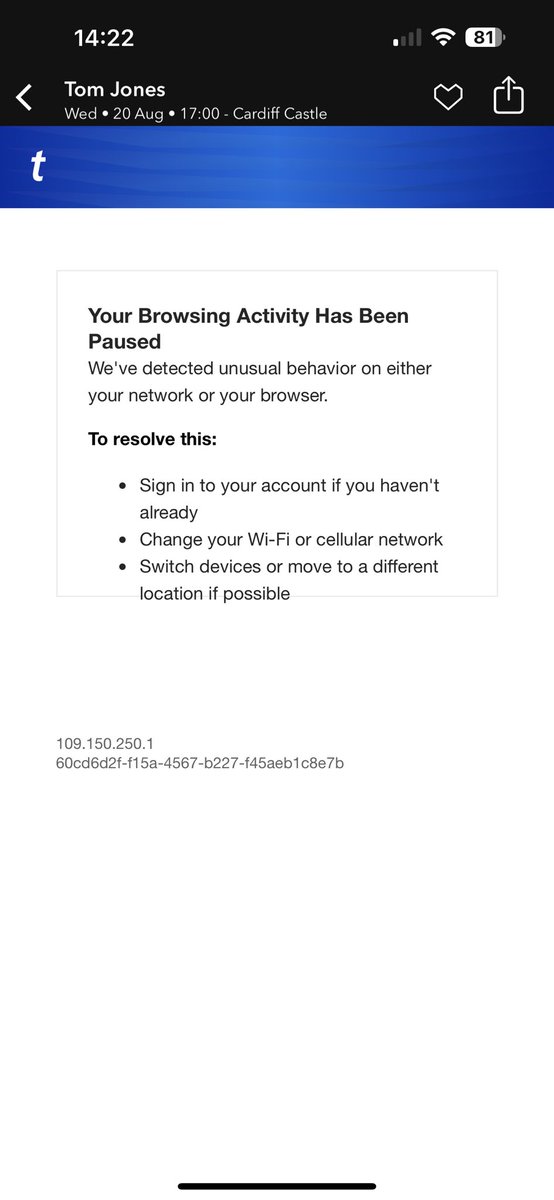 twiterrs's tweet photo. @TicketmasterUK please help. I seem to be blocked from getting through my account to buy tickets. Reset my password and deleted the app and restarted. Keep getting this….can you sort it please https://t.co/oC1ZkcxpYs