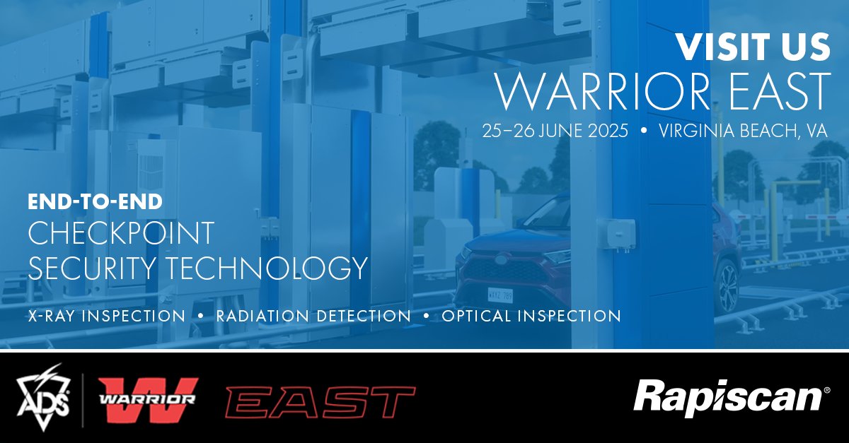 RapiscanCargo's tweet image. We&apos;re pleased to be exhibiting at #WarriorEast 2025 in Virginia Beach on June 25–26. Visit Booth #1422 to explore our X-ray inspection, radiation detection, and optical inspection solutions that can be tailored to your mission. #security