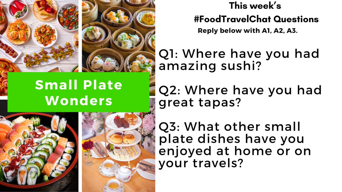 Our Tasty Travels (@ourtastytravels) on Twitter photo Celebrate #InternationalSushiDay and #WorldTapasDay on #FoodTravelChat with Small Plate Wonders.
Reply to questions w/ “Quote"+#FoodTravelChat so we see it.
Follow host <a href="/carollivestoeat/">Carol Vu</a>, @adventuringgal <a href="/ChrisPappinMCC/">Christine & Gary Pappin Dream Vacations</a>, <a href="/ourtastytravels/">Our Tasty Travels</a>, @myvirtualvaca + @real_food_traveler Celebrate #InternationalSushiDay and #WorldTapasDay on #FoodTravelChat with Small Plate Wonders.
Reply to questions w/ “Quote"+#FoodTravelChat so we see it.
Follow host <a href="/carollivestoeat/">Carol Vu</a>, @adventuringgal <a href="/ChrisPappinMCC/">Christine & Gary Pappin Dream Vacations</a>, <a href="/ourtastytravels/">Our Tasty Travels</a>, @myvirtualvaca + @real_food_traveler