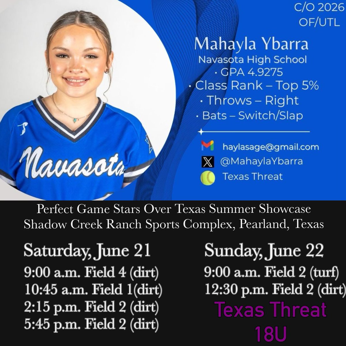 Tournament 2️⃣ of the summer coming this weekend, see me at Perfect Game Stars Over Texas showcase GAME TIMES BELOW‼️ <a href="/CiscoCollegeSB/">Cisco College Softball</a> <a href="/UARMSoftball/">UARM Bucks Softball</a> <a href="/ETBU_Softball/">ETBU Softball</a> <a href="/ncsa/">NCSA College Recruiting</a>  <a href="/DubC_Softball/">Wilmington College Softball</a> <a href="/NP_Recruiting/">National Pros Recruiting</a>
<a href="/DirectRecruits/">Direct Recruits</a>
<a href="/SB_RECRUITS/">Top_Softball_Recruiting</a> <a href="/FCdeese/">On2 Consulting & EAS Recruiting</a> <a href="/utpb_softball/">utpbsoftball</a> <a href="/CruSoftball/">UMHB Softball🥎</a> <a href="/pvamusoftball/">PVAMU Softball</a>