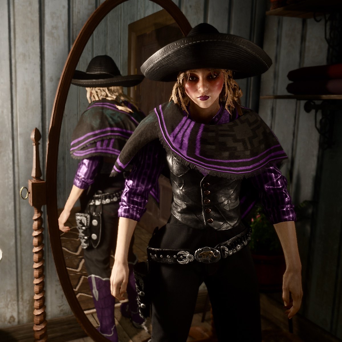 Candysseus's tweet photo. ....Another  #LimitedItems type #WardrobeWednesday with this PRIETO PONCHO....&amp; I'm totally obsessed 
🖤💜😍💜🖤

#RedDeadFits by #MissCandyLicious 🍭 #RedDeadOnline #RockstarGames #PS5 https://t.co/g8uCiRlcL6