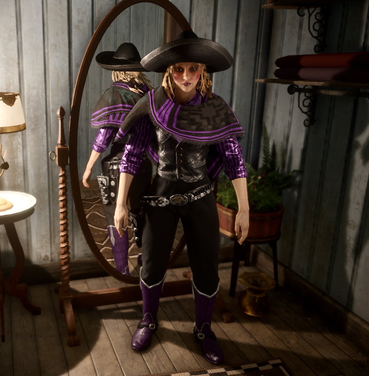 Candysseus's tweet photo. ....Another  #LimitedItems type #WardrobeWednesday with this PRIETO PONCHO....&amp; I'm totally obsessed 
🖤💜😍💜🖤

#RedDeadFits by #MissCandyLicious 🍭 #RedDeadOnline #RockstarGames #PS5 https://t.co/g8uCiRlcL6