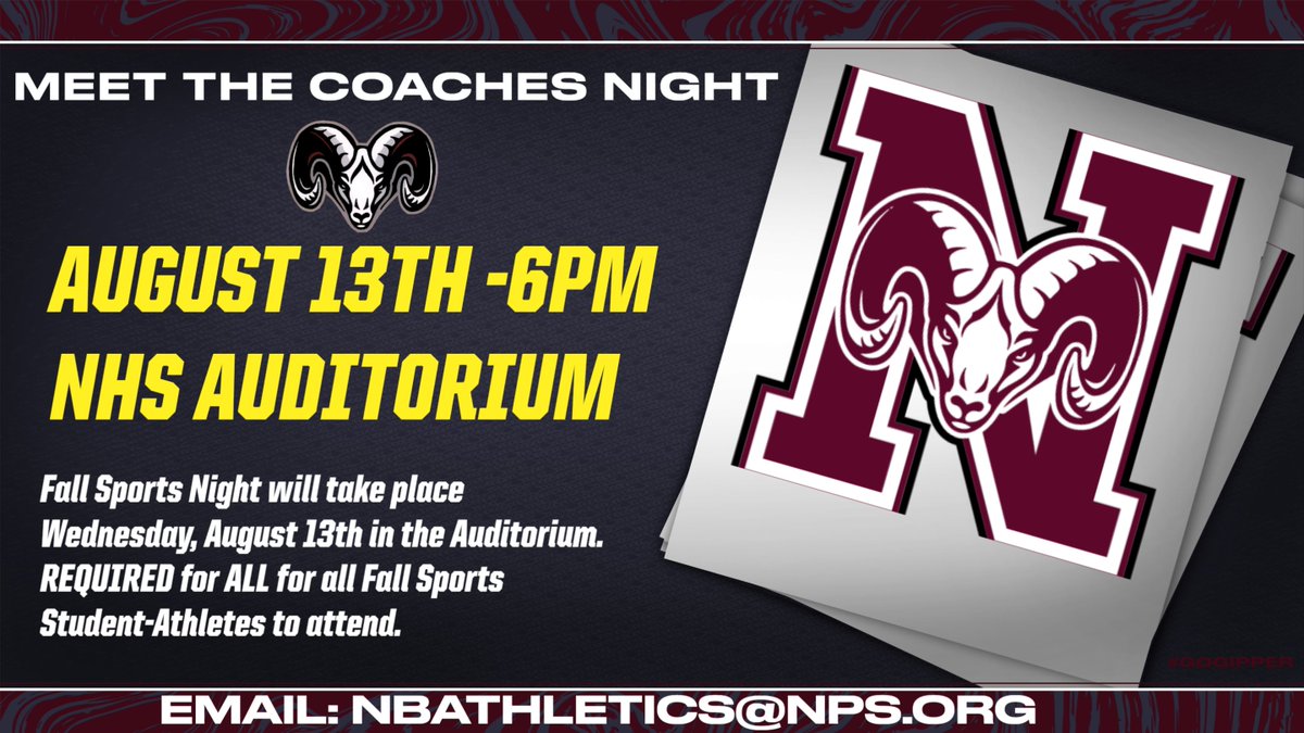 Northbridge Athletics (@nbramsathletics) on Twitter photo SAVE THE DATE!!! Meet the Coaches Night is tabbed for Wednesday August 13th at 6pm in the NHS Auditorium.
All student-athletes participating in Fall 2025 season are required to attend. Any questions, contact James Lagos nbathletics@nps.org SAVE THE DATE!!! Meet the Coaches Night is tabbed for Wednesday August 13th at 6pm in the NHS Auditorium.
All student-athletes participating in Fall 2025 season are required to attend. Any questions, contact James Lagos nbathletics@nps.org