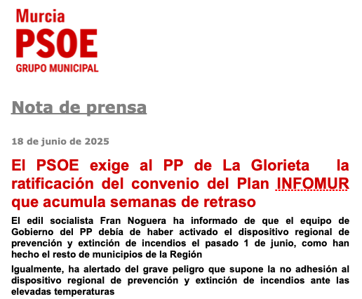 Tal y como adelantó RRNEWS, el <a href="/AytoMurcia/">Ayuntamiento de Murcia</a> aún no ha ratificado el convenio con la CARM del plan Infomur. Están jugando con fuego. Una irresponsabilidad más. El Psoe exige hoy que lo firmen de una vez, pero están en otras cosas: fiestas, cohetes, 1200...