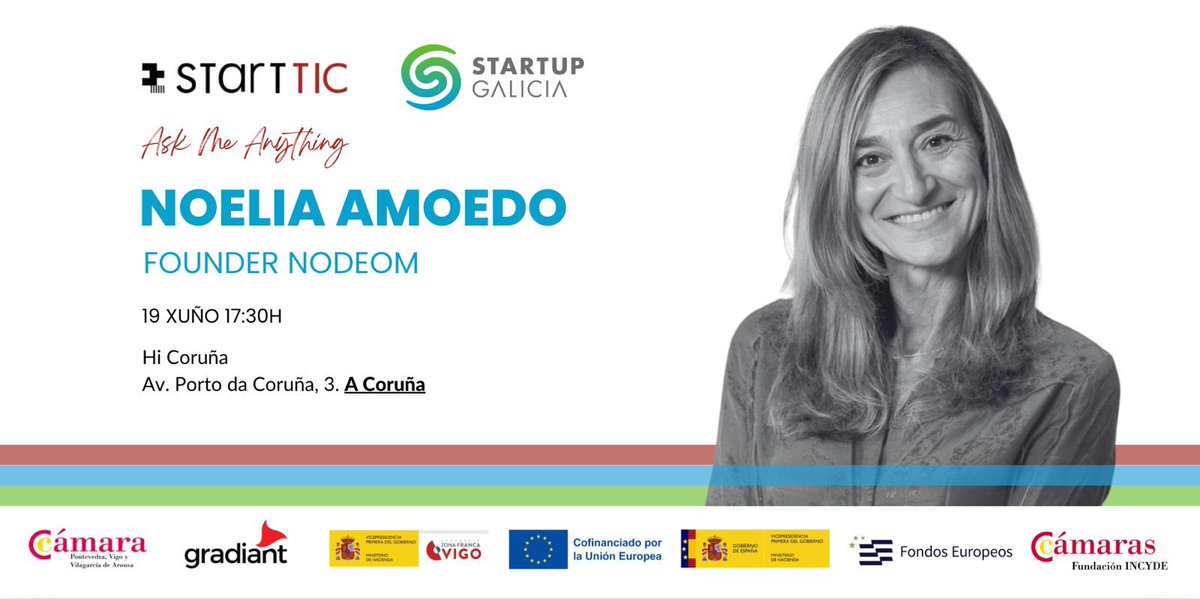 StartupGalicia (@startupgalicia) on Twitter photo Mañan Noelia Amoedo comparte nun taller a súa historia:
✨ De Compostela a Stanford
✨ Creou mediasmart (vendida internacionalmente)
✨ Liderou innovación en Silicon Valley
📍 Hi - A Coruña
🕕 17:30h
📅 Xoves 19/06
Gracias a <a href="/Gradiant/">Gradiant</a> <a href="/zonafrancavigo/">Zona Franca Vigo</a> <a href="/camarapvv/">Cámara PVV</a> Mañan Noelia Amoedo comparte nun taller a súa historia:
✨ De Compostela a Stanford
✨ Creou mediasmart (vendida internacionalmente)
✨ Liderou innovación en Silicon Valley
📍 Hi - A Coruña
🕕 17:30h
📅 Xoves 19/06
Gracias a <a href="/Gradiant/">Gradiant</a> <a href="/zonafrancavigo/">Zona Franca Vigo</a> <a href="/camarapvv/">Cámara PVV</a>