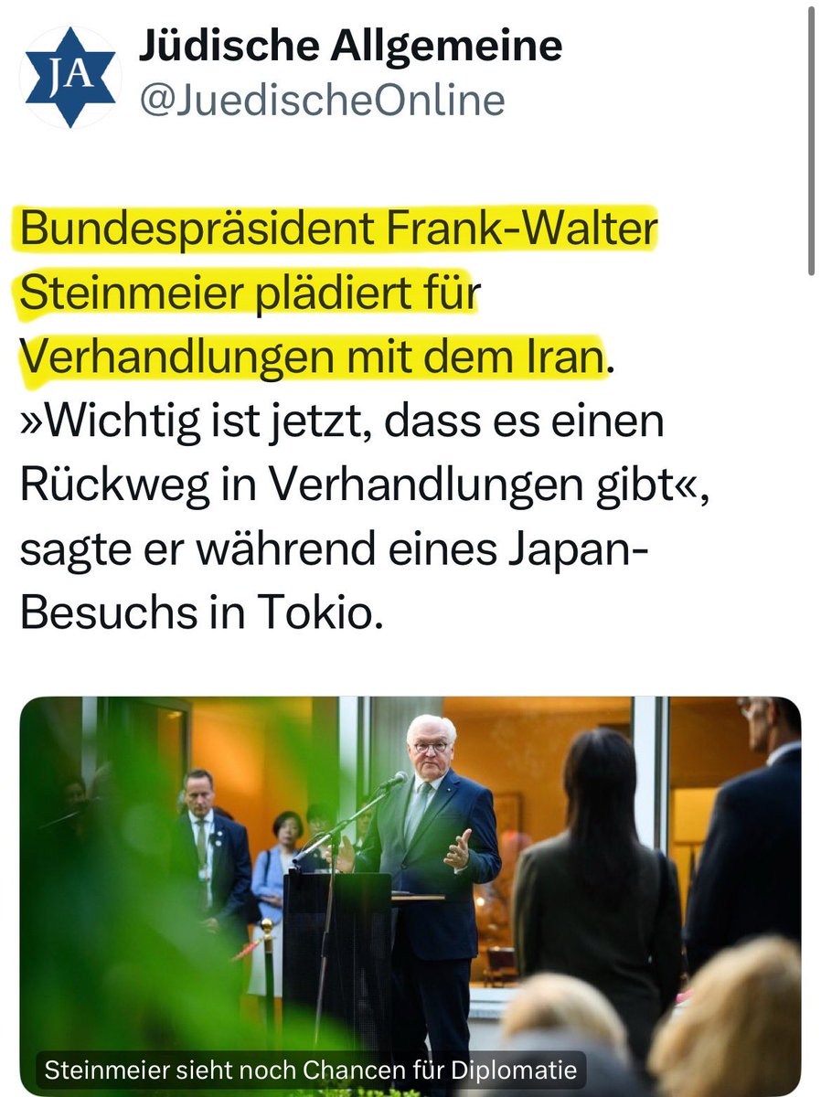Georg_Pazderski's tweet photo. Steinmeier plädiert für Verhandlungen mit dem Iran.

Steinmeier will Verhandlungen mit dem Terror-Regime der Mullahs, das seit Jahrzehnten

▪️Menschen verschwinden läßt,
▪️Kritiker an Kränen auf öffentlichen Plätzen aufhängt,
▪️Oppositionelle foltert,
▪️ Regimekritikerinnen foltert, vergewaltigt und ermordet,
▪️Homosexuelle von Hochhäusern stößt,
▪️Fatwas (Mordaufrufe) erläßt,
▪️einen Schriftsteller wegen eines Romans ermorden will,
▪️Frauen diskriminiert und zur Verhüllung zwingt,
▪️den Terror im Irak (schiitische Milizen), Libanon (Hisbollah), Syrien (Assad), Jemen (Huthis) und Gaza (Hamas) fördert und finanziert,
▪️weltweiten Terrorismus fördert und finanziert,
▪️Israel als „Krebsgeschwür“ (Khamenei) entfernen will.

Darf man sagen, dass man sich für diesen Bundespräsidenten schämt oder ist das strafbar?

https://t.co/Cqxu1ejVbw