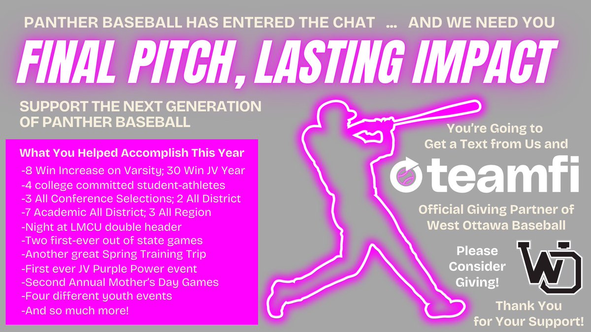 Our Final WO ⚾️ Fundraiser has been launched! We did so many amazing things with our kids this year and for the entire West Ottawa community! If you receive a text and would like to donate so that we can continue to do these amazing events next year we would love your support!