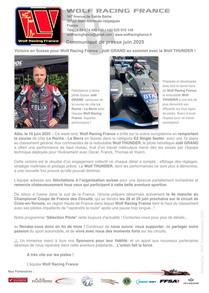O_ARCILA's tweet photo. COMMUNIQUÉ DE PRESSE ENVOYÉ !
Chers amis, passionnés de sport auto.
Nous venons d’envoyer notre dernier communiqué de presse à nos partenaires officiels ! Un immense MERCI à ceux qui nous soutiennent.
Ensemble, continuons de faire vibrer les couleurs de #Wolfracingfrance ! https://t.co/k7687IQzKA