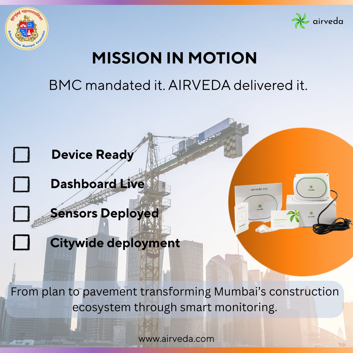 Making Mumbai's construction air quality compliance a reality

✅ Sensors deployed
✅ Dashboards live
✅ Alerts working
✅ Construction teams trained

BMC’s real-time monitoring initiative isn’t just planned. It’s happening.

#BMC #Airveda #OnGroundImpact #UrbanGovernance