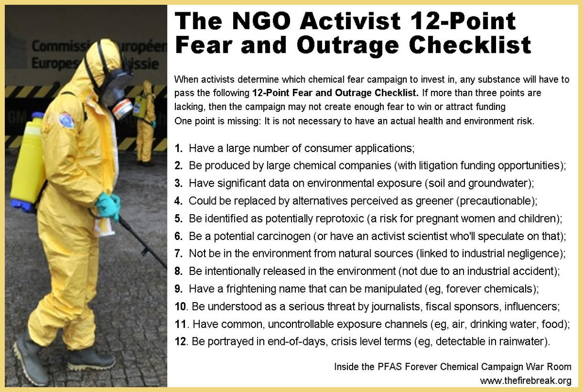 the_firebreak's tweet image. Anti-industry activist campaigns don't just happen.
NGOs choose which chemical to attack according to its winnability, fear factor and funding opportunity.
@zaruk compiled the 12-Point Fear and Outrage Checklist to help activists with their next campaign.
thefirebreak.org/p/inside-the-p…