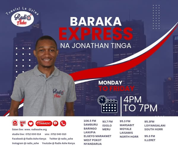Radio Ashe (@radio_ashe) on Twitter photo Anga ziko shwari! Uliko vipi? Ndio sasa #BarakaExpress imeteka anga Ili kukubariki. Nahodha wako ni <a href="/Jonathan_Tinga/">Jonathan Tinga Nyaejr7</a> sema ulipo tukupitie.๐ท Pin mtaa wako na uwakaribishe wapendwa wako tusonge pamoja.
Call:0712000014
Sms:0712040010 Anga ziko shwari! Uliko vipi? Ndio sasa #BarakaExpress imeteka anga Ili kukubariki. Nahodha wako ni <a href="/Jonathan_Tinga/">Jonathan Tinga Nyaejr7</a> sema ulipo tukupitie.๐ท Pin mtaa wako na uwakaribishe wapendwa wako tusonge pamoja.
Call:0712000014
Sms:0712040010