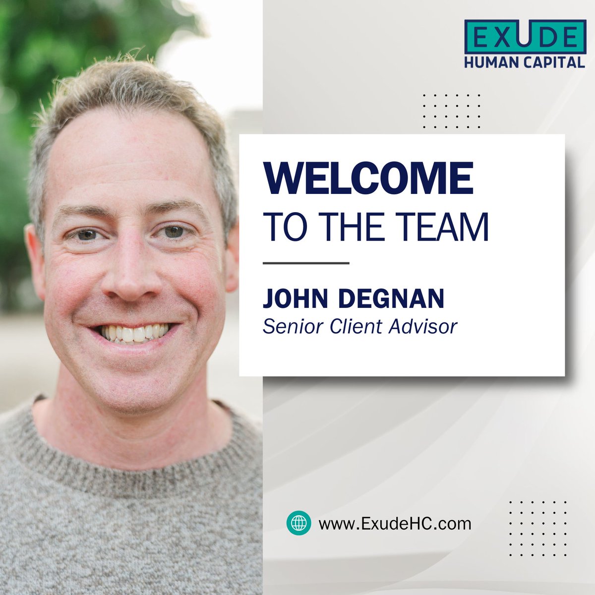 Exude Human Capital (@exudehc) on Twitter photo Join us in welcoming John Degnan to the <a href="/ExudeHC/">Exude Human Capital</a> team! 👏
John joins as a Senior Client Advisor, bringing nearly 20 years of experience in executive search, consulting, and talent acquisition/HR leadership—primarily in the life sciences industry. exudehc.com/about/ Join us in welcoming John Degnan to the <a href="/ExudeHC/">Exude Human Capital</a> team! 👏
John joins as a Senior Client Advisor, bringing nearly 20 years of experience in executive search, consulting, and talent acquisition/HR leadership—primarily in the life sciences industry. exudehc.com/about/