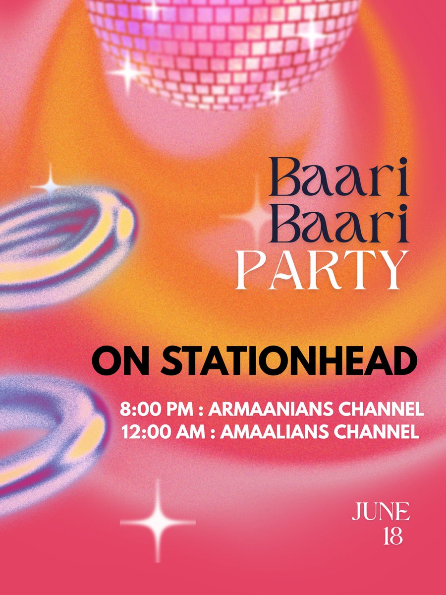 #Armaanians, #Amaalians!!! 

Are you ready for #BaariBaari streAMing parties💃🏻

Join on #Armaanians Channel at 8 pm and #Amaalians Channel at 12 am 🧡

<a href="/ArmaanMalik22/">ARMAAN ✦</a> <a href="/AmaalMallik/">Amaal Mallik</a> 

(If you are not on <a href="/STATIONHEAD/">STATIONHEAD</a> yet, join asap!) or stream your playlist with #BaariBaariParty👏🏼