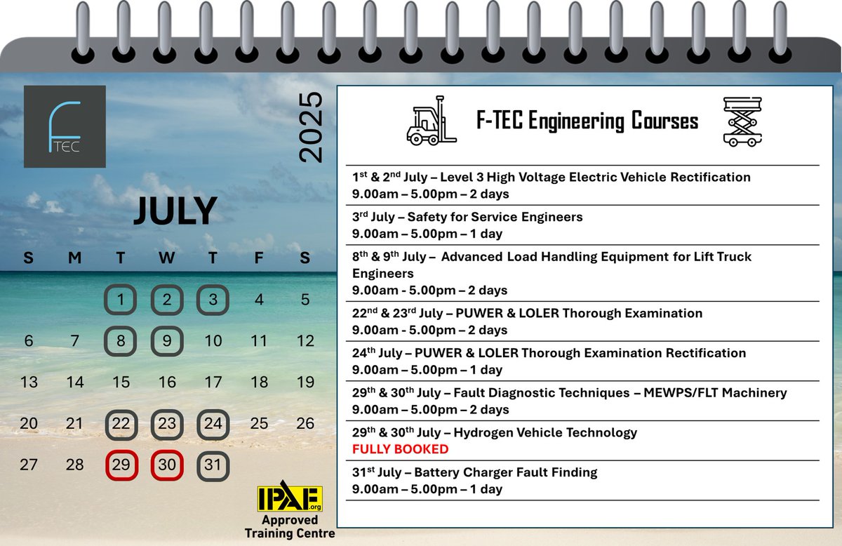FTEC_TRAINING's tweet image. Things are hotting up so keep your cool and book your engineer training with F-TEC today!

We have a full calendar of courses covering all aspects of powered access and forklift engineering including Fault Diagnostics and Advanced Load Handling Equipment.
#FTEC #EngineerTraining