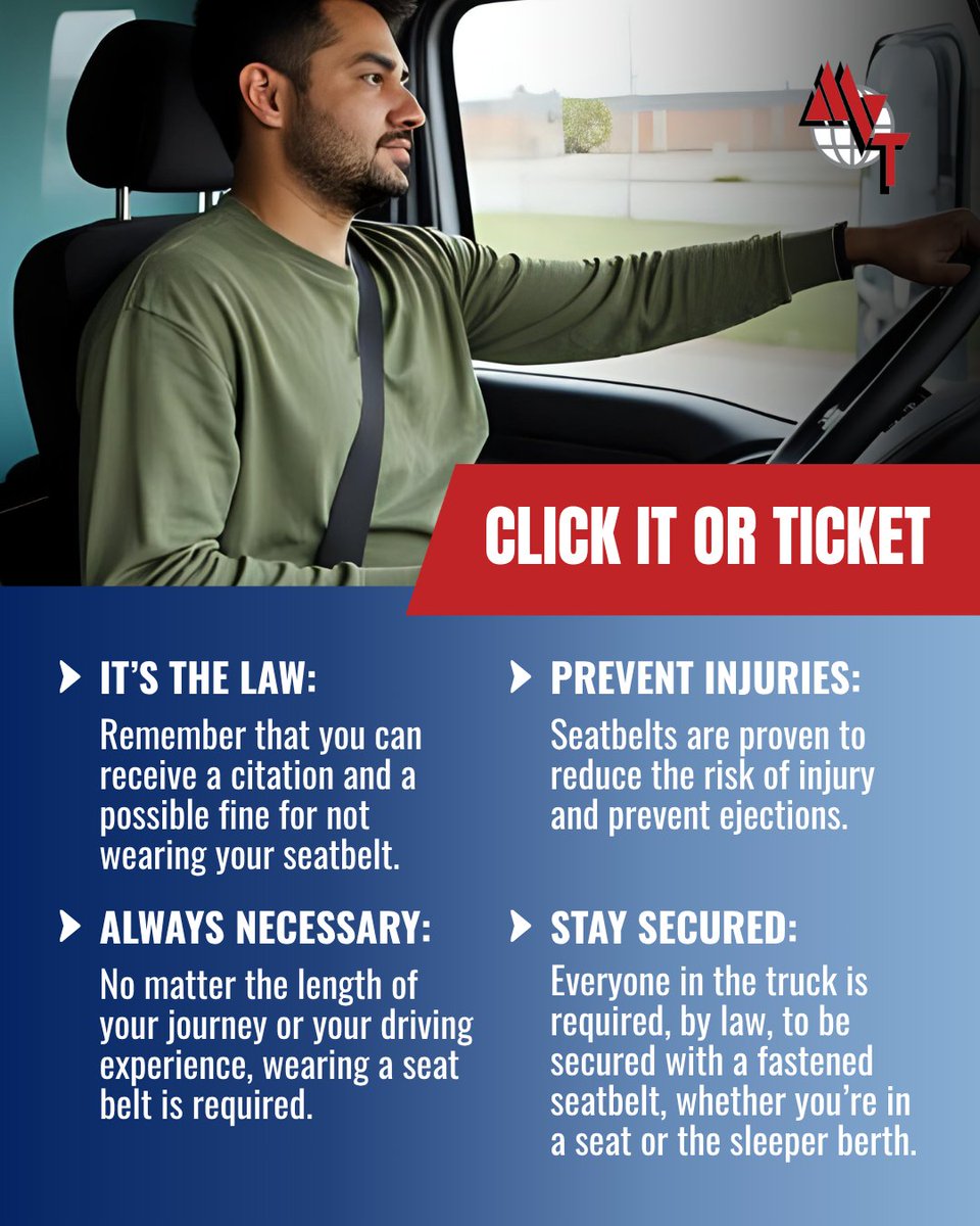 MVTServices's tweet image. Buckle up — it’s the law and it saves lives.

Driver, passenger, or in the sleeper — seatbelts are a must at all times.

"Click It or Ticket" is real. Stay safe, every drive.

#BuckleUp #ClickItOrTicket #MVTStrong #RoadSafety