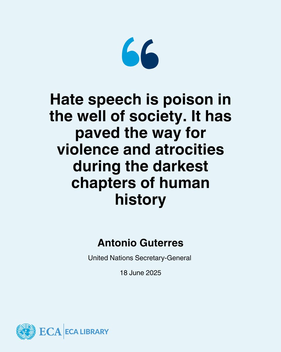 For resources on countering hate speech and fostering inclusive dialogue, explore the UN Strategy: lnkd.in/e2DVWPKQ  #NoToHate #UnitedNations  #ECALibrary #ECA #Knowledge #SDGs