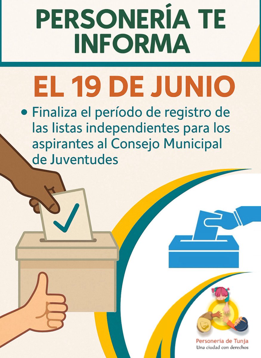 #Atención 🚨 #PersoneríaTeInforma

El 19 de Junio 

• Finaliza el período de registro de las listas independientes para 
Consejos Municipales y Locales de
Juventud.

#UnaCiudadConDerechos