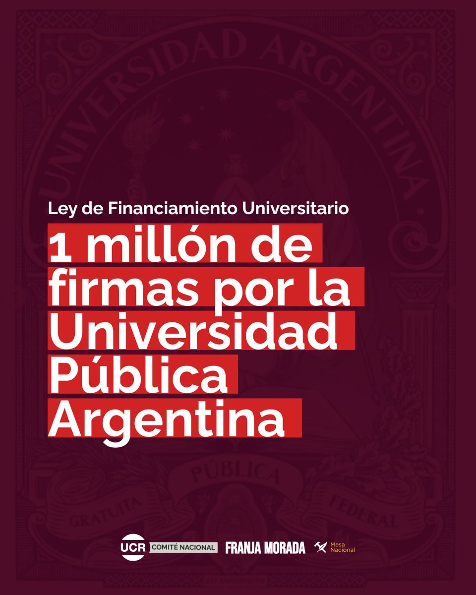 Unión Cívica Radical (@ucrnacional) on Twitter photo FIRMÁ POR LA UNIVERSIDAD PÚBLICA ARGENTINA
En todo el país, si sos estudiante o no, te invitamos a ser un millón defendiendo la Universidad Pública.
Podés encontrar el link en nuestras redes sociales y en las de la <a href="/franjanacional/">Franja Morada</a> desde cualquier lugar del país 👇🏻 FIRMÁ POR LA UNIVERSIDAD PÚBLICA ARGENTINA
En todo el país, si sos estudiante o no, te invitamos a ser un millón defendiendo la Universidad Pública.
Podés encontrar el link en nuestras redes sociales y en las de la <a href="/franjanacional/">Franja Morada</a> desde cualquier lugar del país 👇🏻