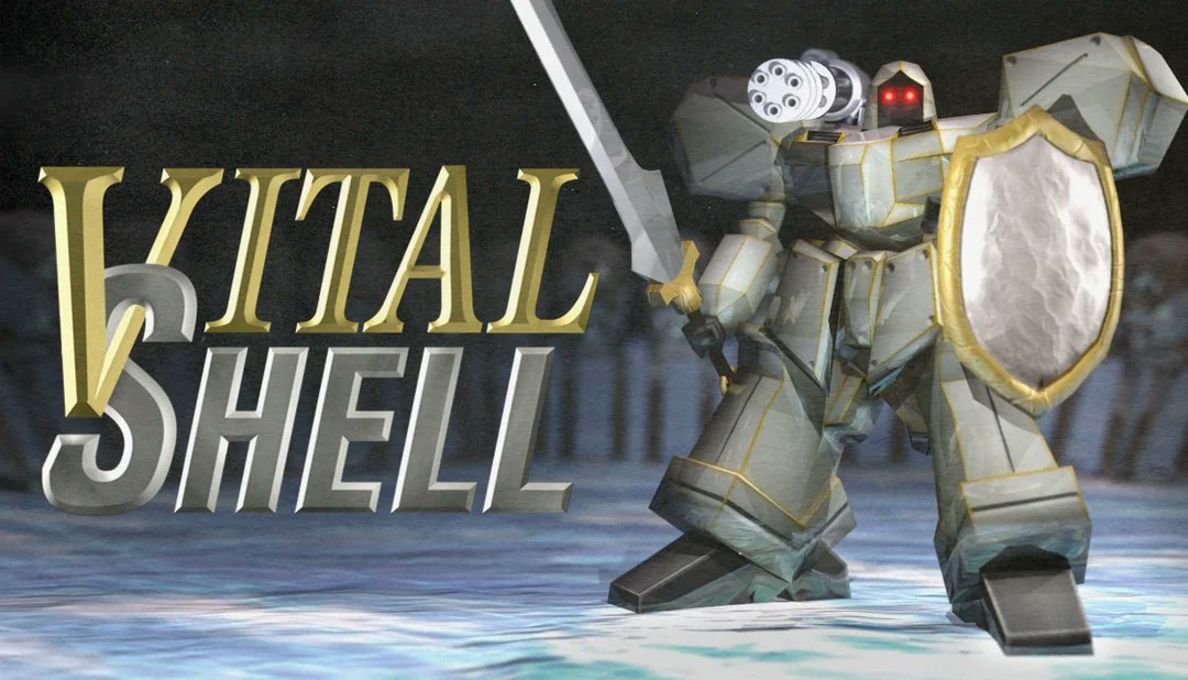 VitalShellGame's tweet image. Rendered Vital Shell's capsule art in Bryce3D and tried to give it a good print treatment to achieve that PS1 cover art look. #gamedev #indiedev #PSX #mecha #godot