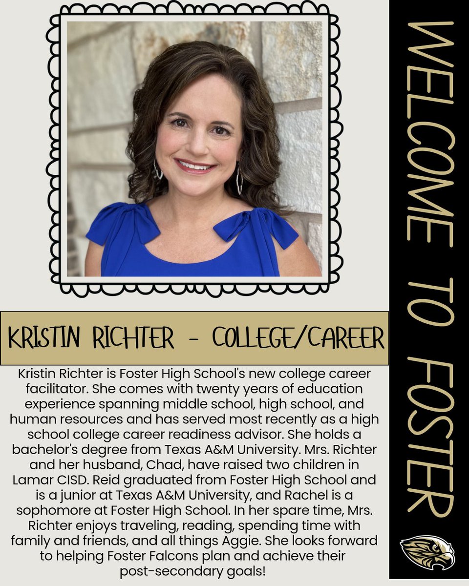 FosterHSNews's tweet image. Welcome to the Nest, Kristin Richter! She will be our College and Career Facilitator. Happy to have you join our team!