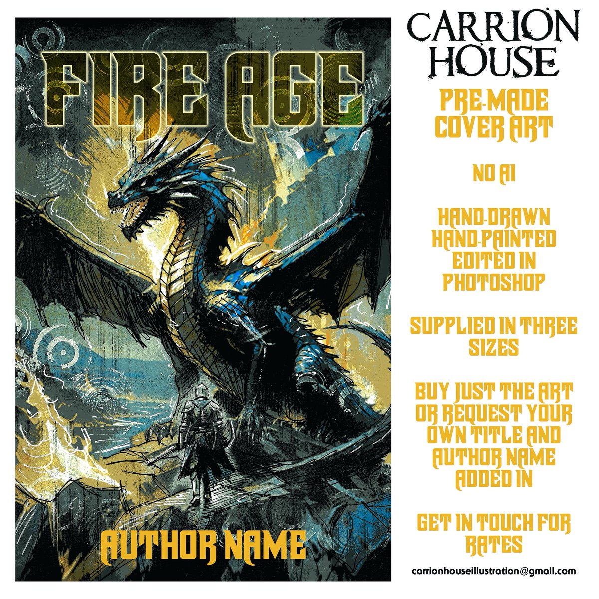 Pre-made Carrion House covers! This design is called ‘Fire Age.’

carrionhouse.com/pages/pre-made…

#coverartist #bookcover #bookcoverdesign #illustration #illustrator #dark #darkartist #horrorbooks #fantasybook #premadecover #dragons #fantasy #fantasybooks #fantasyart #monster #creature