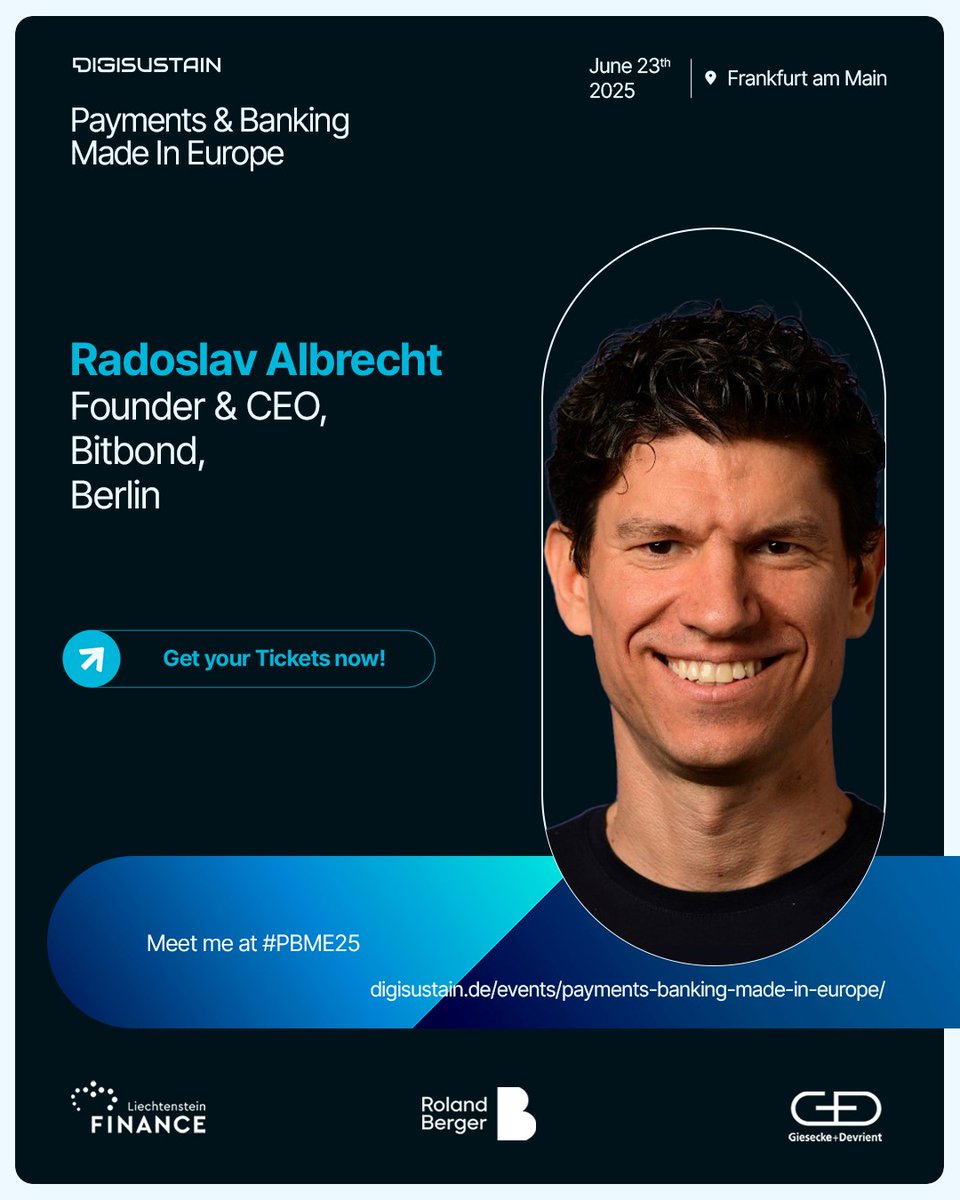Join <a href="/RadkoAlbrecht/">Radko</a> at the International Bankers Forum in Frankfurt on June 23! 🇪🇺

He’ll join a panel on the Digital Euro with top leaders from public &amp; private sectors. 

🎟️ Info &amp; tickets: digisustain.de/events/payment…

Many thanks to DIGISUSTAIN for organizing! 💫