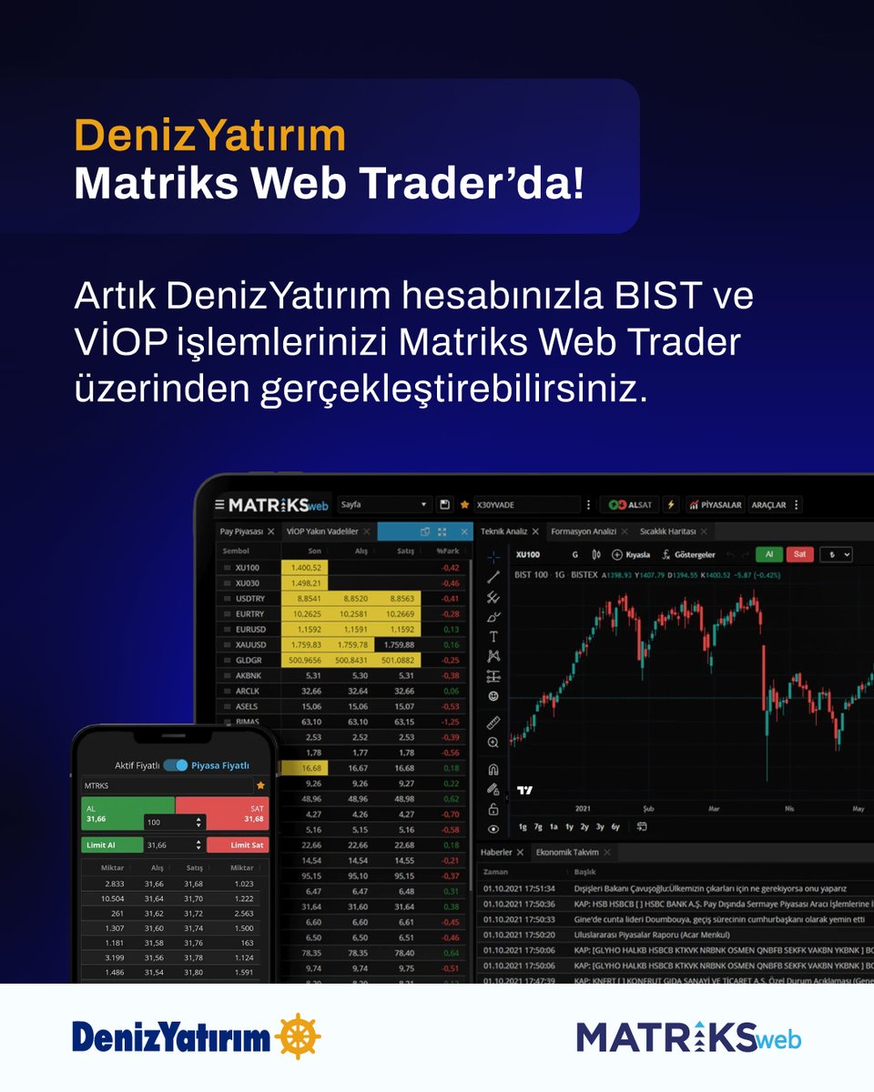 📣Deniz Yatırım Matriks Web Trader’da!
Artık <a href="/Deniz_Yatirim/">DenizYatırım</a> hesabınızla BIST ve VİOP işlemlerinizi Matriks Web Trader üzerinden gerçekleştirebilirsiniz.💫

Bilgisayar, tablet ve telefonunuzdan tarayıcınızı açın, anında kullanın!💻📱
👉Hemen deneyin: matrikswebtrader.com