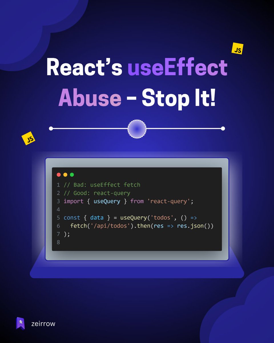 Udodirim101's tweet image. &quot;Stop overusing useEffect! Fetch data with react-query/SWR, sync state with useMemo. Fewer renders = faster apps. #ReactTips&quot;