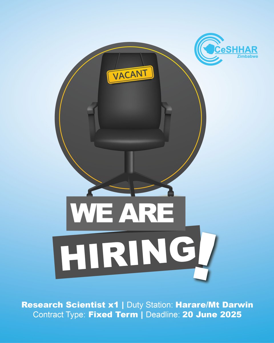 CeSHHAR Zimbabwe (@ceshhar) on Twitter photo 📢 Job Alert ⚠️ <a href="/CeSHHAR/">CeSHHAR Zimbabwe</a> is looking for a Research Scientist to drive a crucial mixed-methods study on strengthening the health workforce's response to climate change impacts. PhD required with 2+ years post-PhD experience.
Apply by June 20, 2025
forms.office.com/r/1RB9DEvirt 📢 Job Alert ⚠️ <a href="/CeSHHAR/">CeSHHAR Zimbabwe</a> is looking for a Research Scientist to drive a crucial mixed-methods study on strengthening the health workforce's response to climate change impacts. PhD required with 2+ years post-PhD experience.
Apply by June 20, 2025
forms.office.com/r/1RB9DEvirt