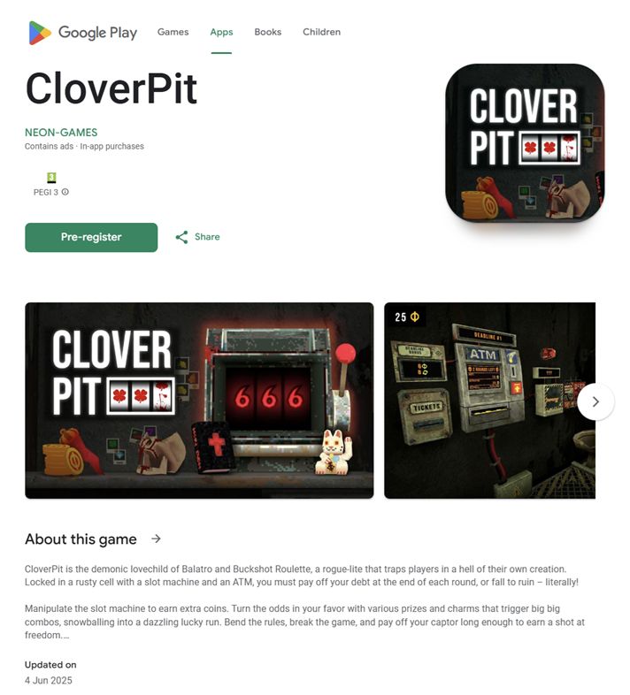 PanikArcade's tweet image. ๐จ wild story: someone tried to steal our game!๐จ
a scammer set-up a fake page for CloverPit on the Google Play store to trick people!! we've reported it and got the fake page removed, phew
thanks to everyone who helped us with reporting the page. CloverPit is coming to Steam!