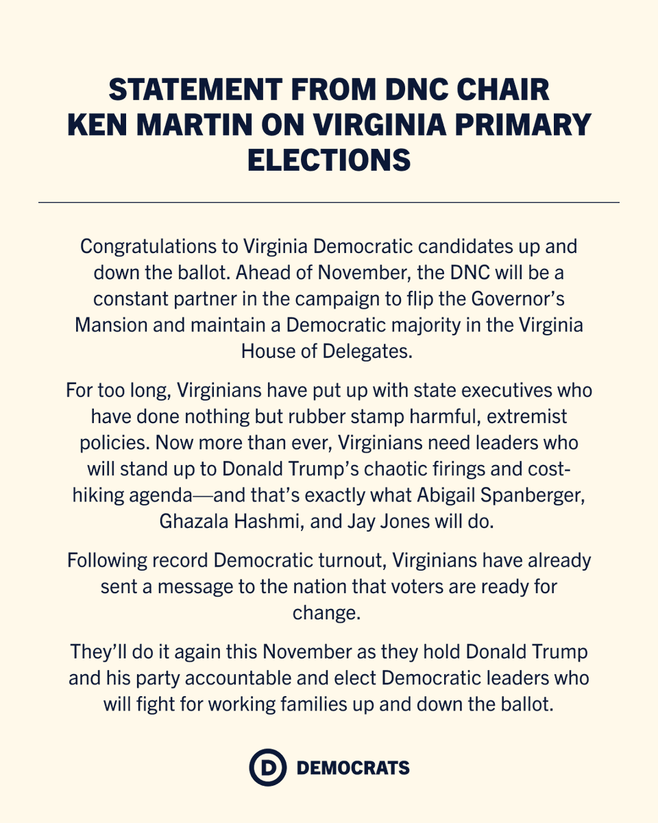 Ken Martin (@kenmartin73) on Twitter photo Virginia is ready to elect leaders who will put them first.
I’m looking forward to building Democratic power in Virginia alongside <a href="/SpanbergerForVA/">Abigail Spanberger</a>, <a href="/SenatorHashmi/">Senator Hashmi</a>, <a href="/jonesjay/">Jay Jones</a>, and so many more candidates ahead of November and beyond. Virginia is ready to elect leaders who will put them first.
I’m looking forward to building Democratic power in Virginia alongside <a href="/SpanbergerForVA/">Abigail Spanberger</a>, <a href="/SenatorHashmi/">Senator Hashmi</a>, <a href="/jonesjay/">Jay Jones</a>, and so many more candidates ahead of November and beyond.