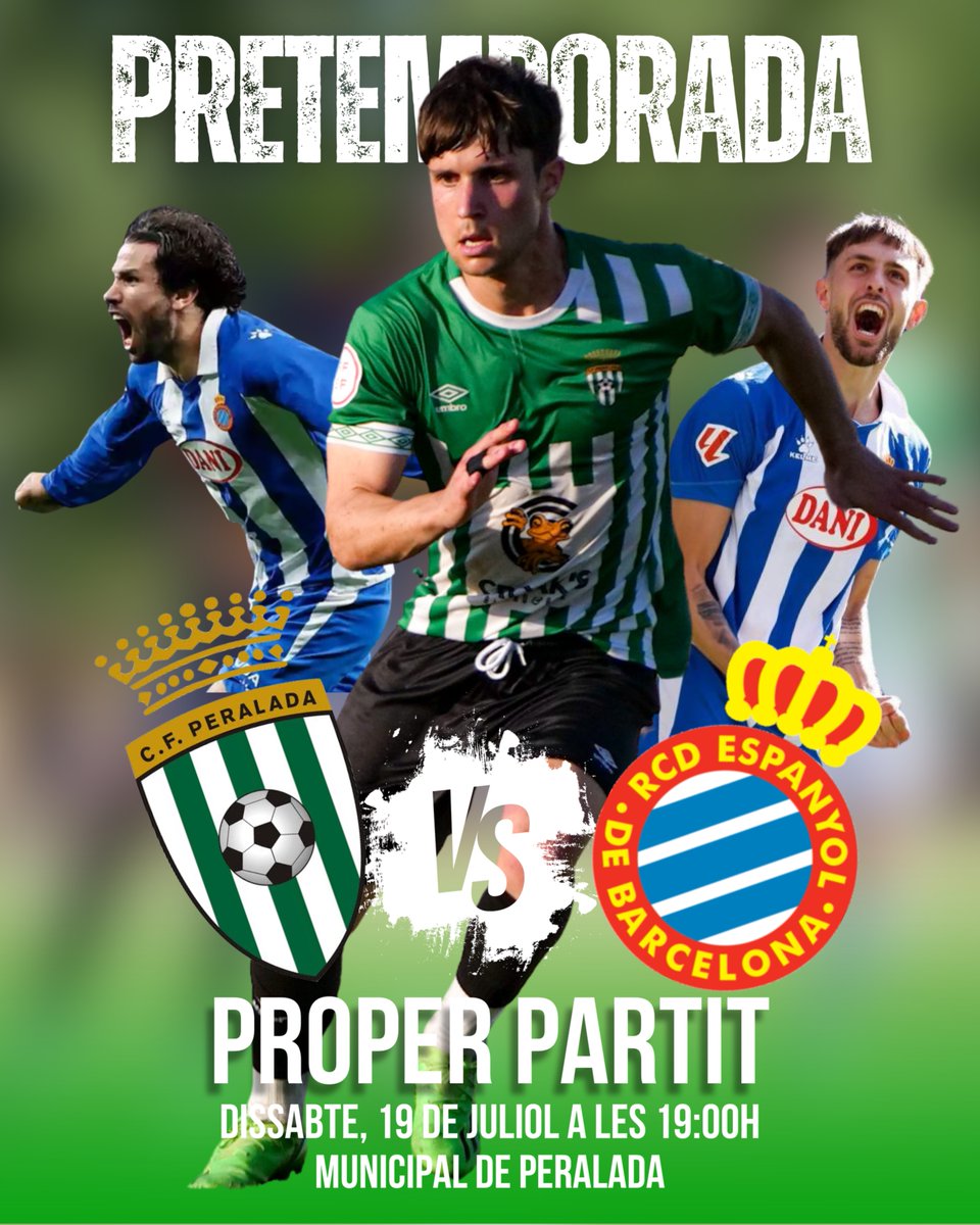 CFPeralada's tweet image. 🔥 PRIMER AMISTÓS DE PRETEMPORADA ‼️

⚽️ @CFPeralada 🆚 @RCDEspanyol 
📅 Dissabte 19 de juliol
🕖 19:00h
📍 Municipal de Peralada

💚 Tornem a gaudir del futbol! Duel de nivell a casa davant un històric del futbol català!

@EstrellaDammCat @bebidasballo 🙌

#somPeralada 💚⚔️