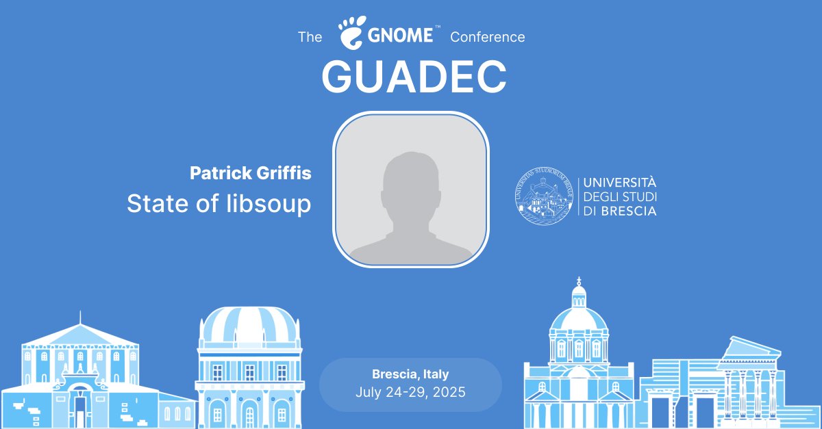 🍜 "State of libsoup"
with Patrick Griffis at #GUADEC2025
📅 24 July 🕒 12:30 CEST 📍 Brescia
🔧 From 3.0 to what’s next—Patrick gives an update on GNOME’s HTTP library libsoup.

🔗 events.gnome.org/event/259/cont…

#GNOME #libsoup #Networking #OpenSource